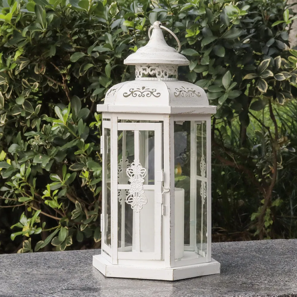 12" H Medium Candle Lantern for Indoor Outdoor(White with Gold Brush)