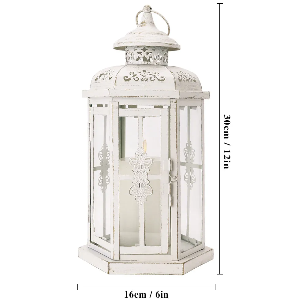 12" H Medium Candle Lantern for Indoor Outdoor(White with Gold Brush)