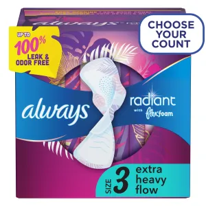 Always Radiant Feminine Pads with Wings, Size 3, Extra Heavy Absorbency, Scented, 22 Count