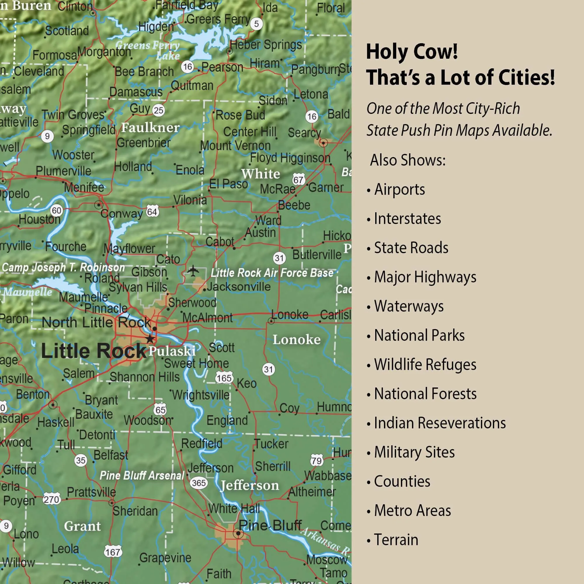 Arkansas Push Pin Terrain Map