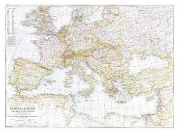 Central Europe and the Mediterranean (1939) Vintage Map by National Geographic