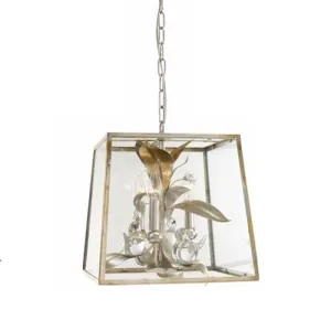 Glass Hanging Lantern With Glass Birds And Silver & Gold Frame