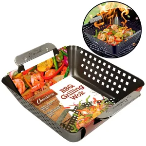 Grill Basket- Non-Stick BBQ Barbecue Grilling Wok with Stainless Steel Handles for Meat, Vegetables, and Seafood