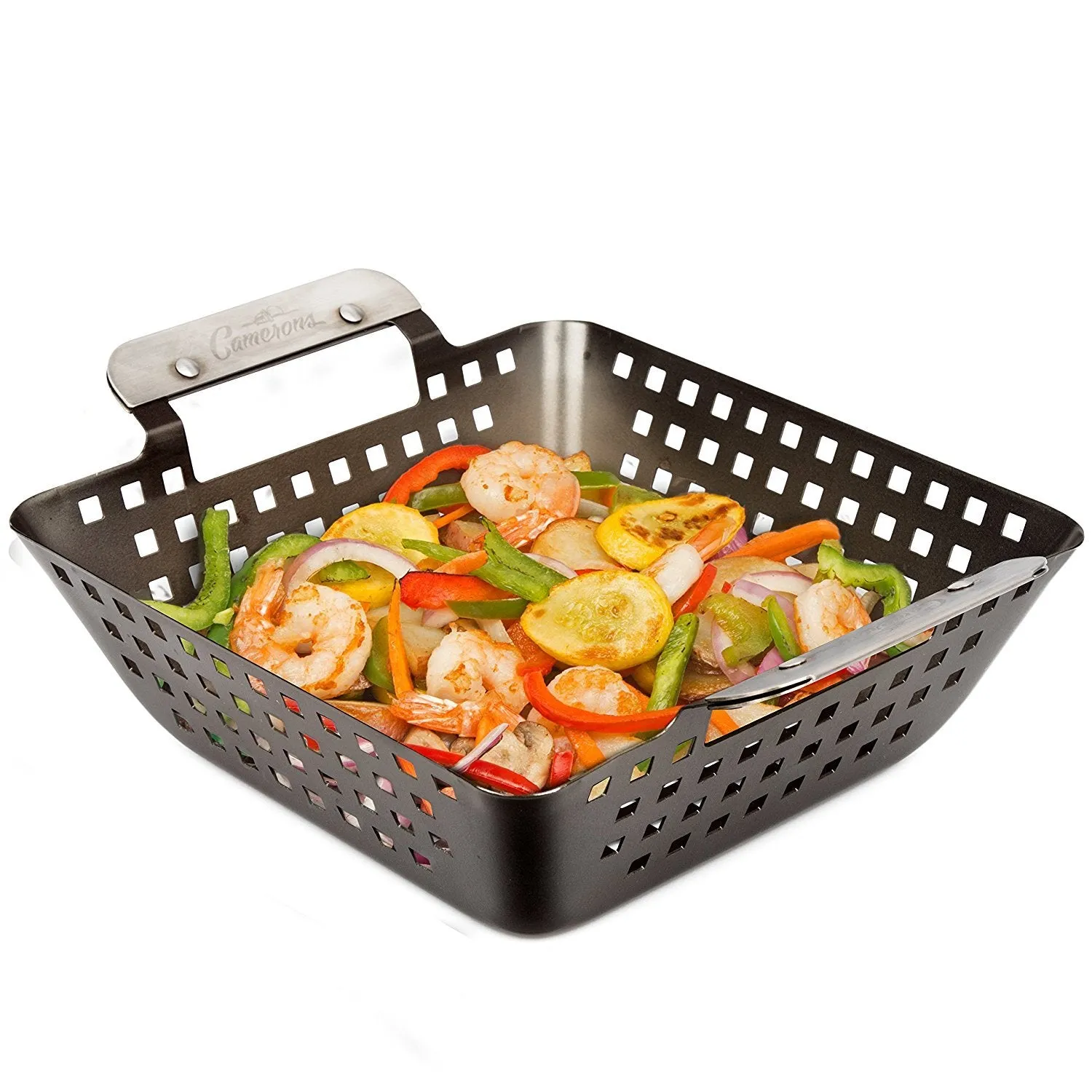 Grill Basket- Non-Stick BBQ Barbecue Grilling Wok with Stainless Steel Handles for Meat, Vegetables, and Seafood