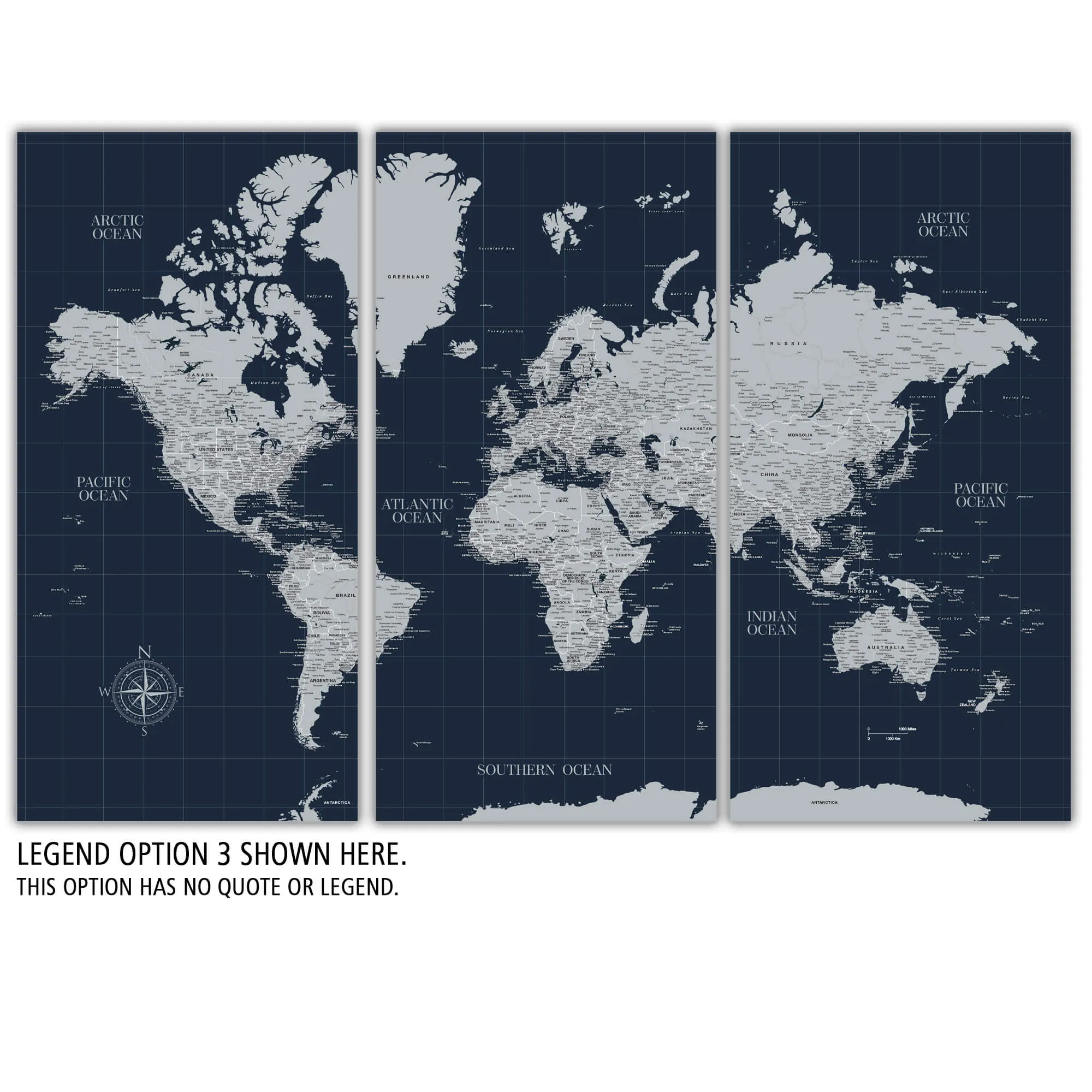 Navy Push Pin Travel Map of the World - 3 Panel