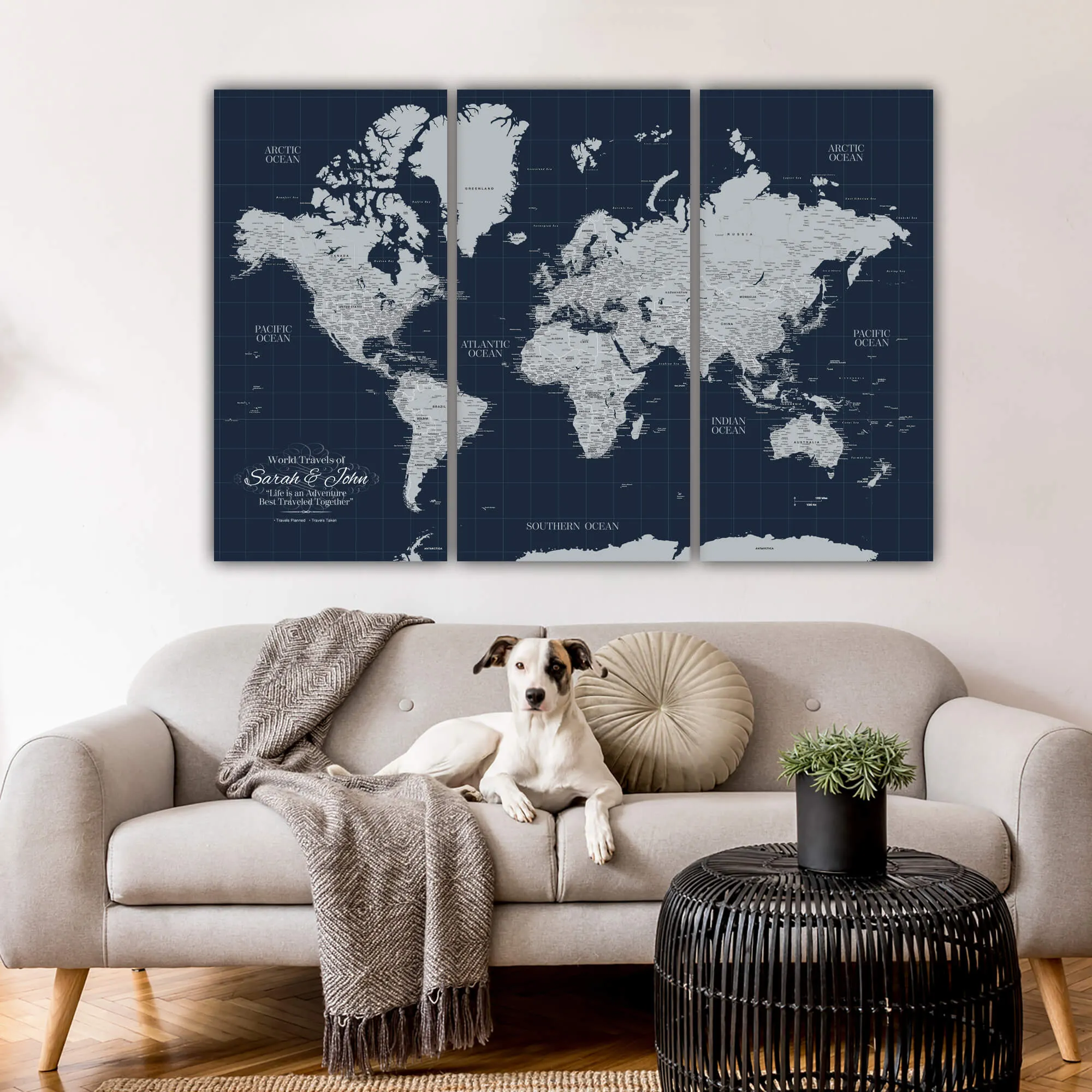 Navy Push Pin Travel Map of the World - 3 Panel