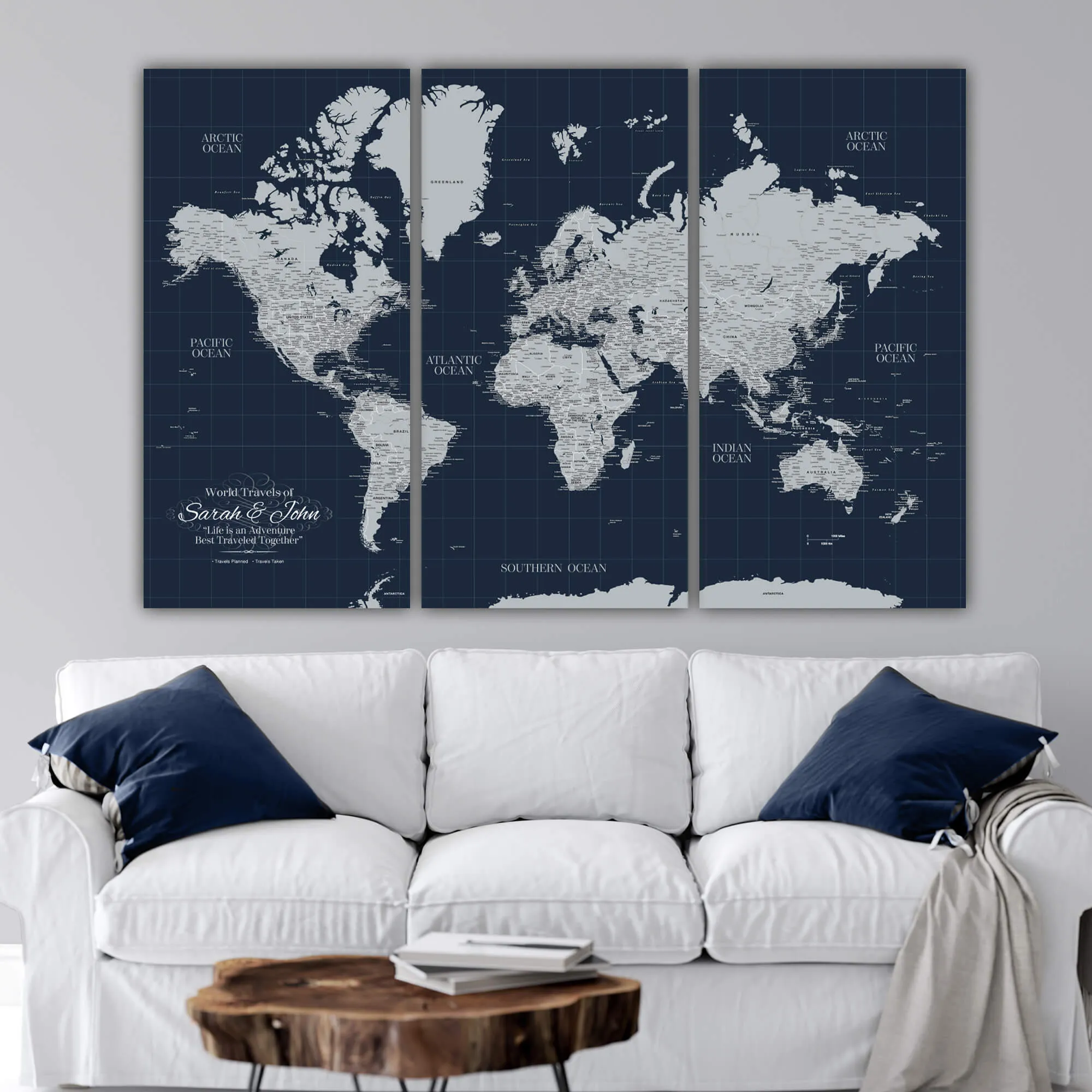 Navy Push Pin Travel Map of the World - 3 Panel