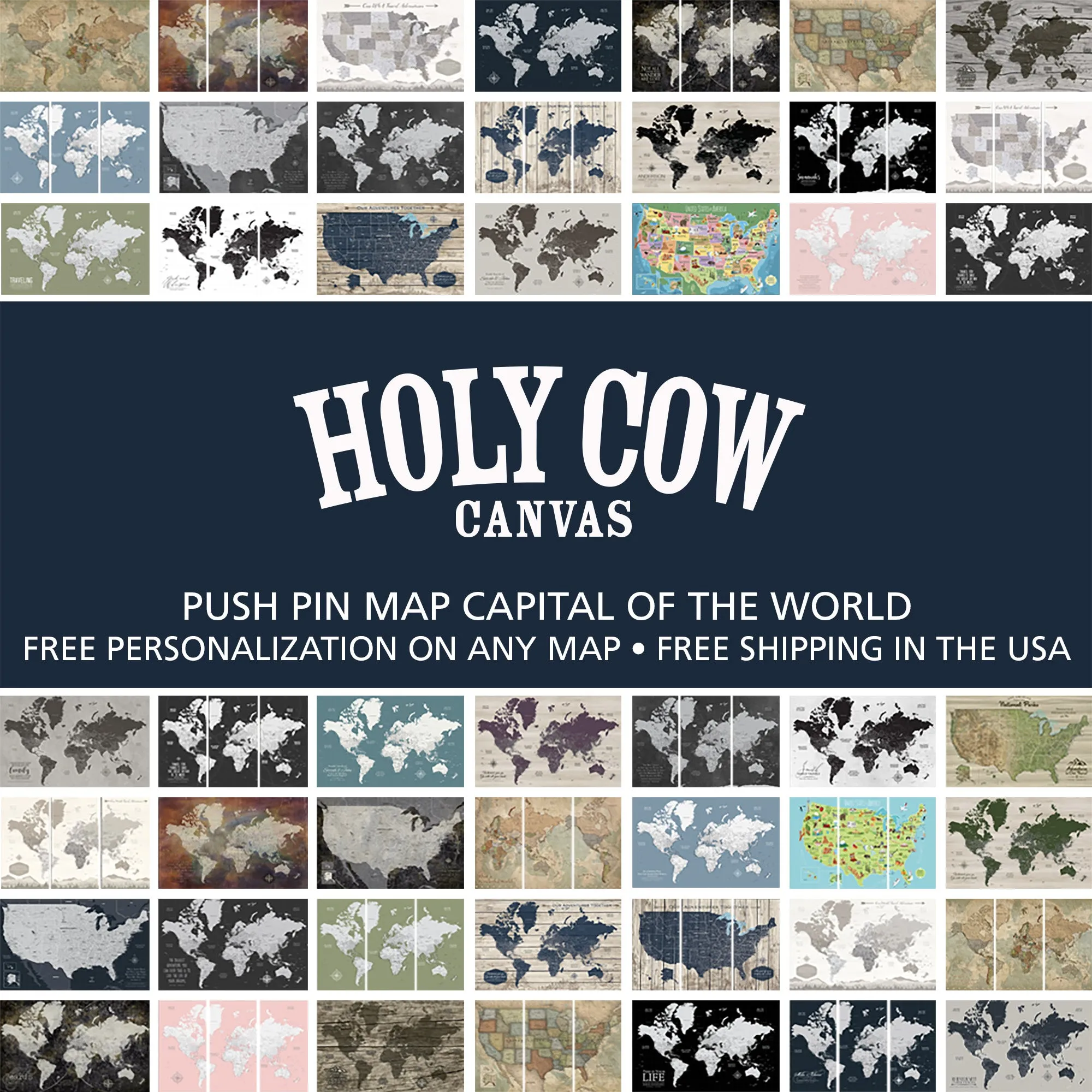 Navy Push Pin Travel Map of the World - 3 Panel