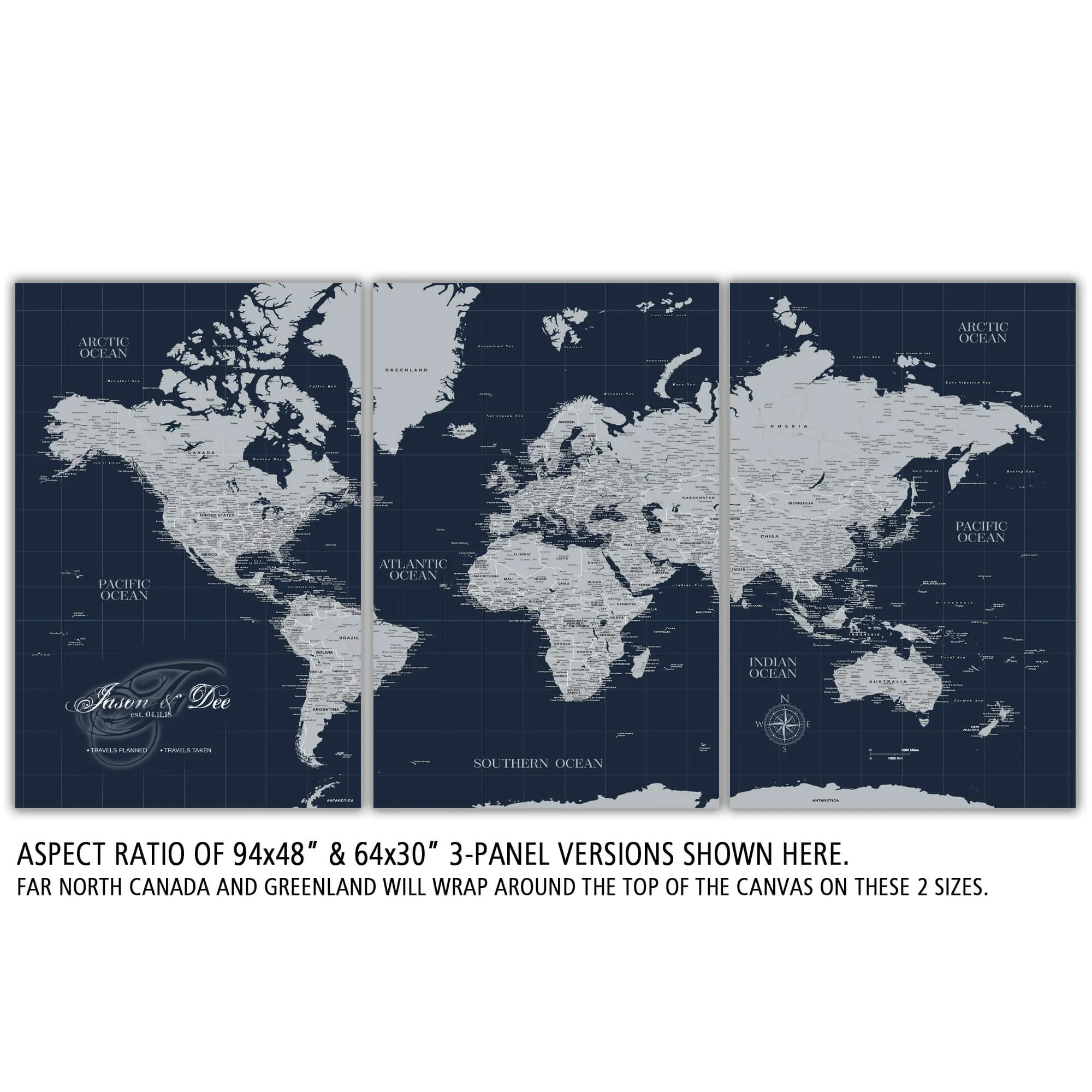 Navy Push Pin Travel Map of the World - 3 Panel