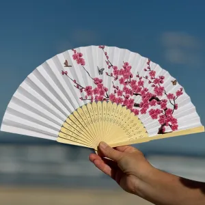 Pink Blossoms and Butterflies white paper fan