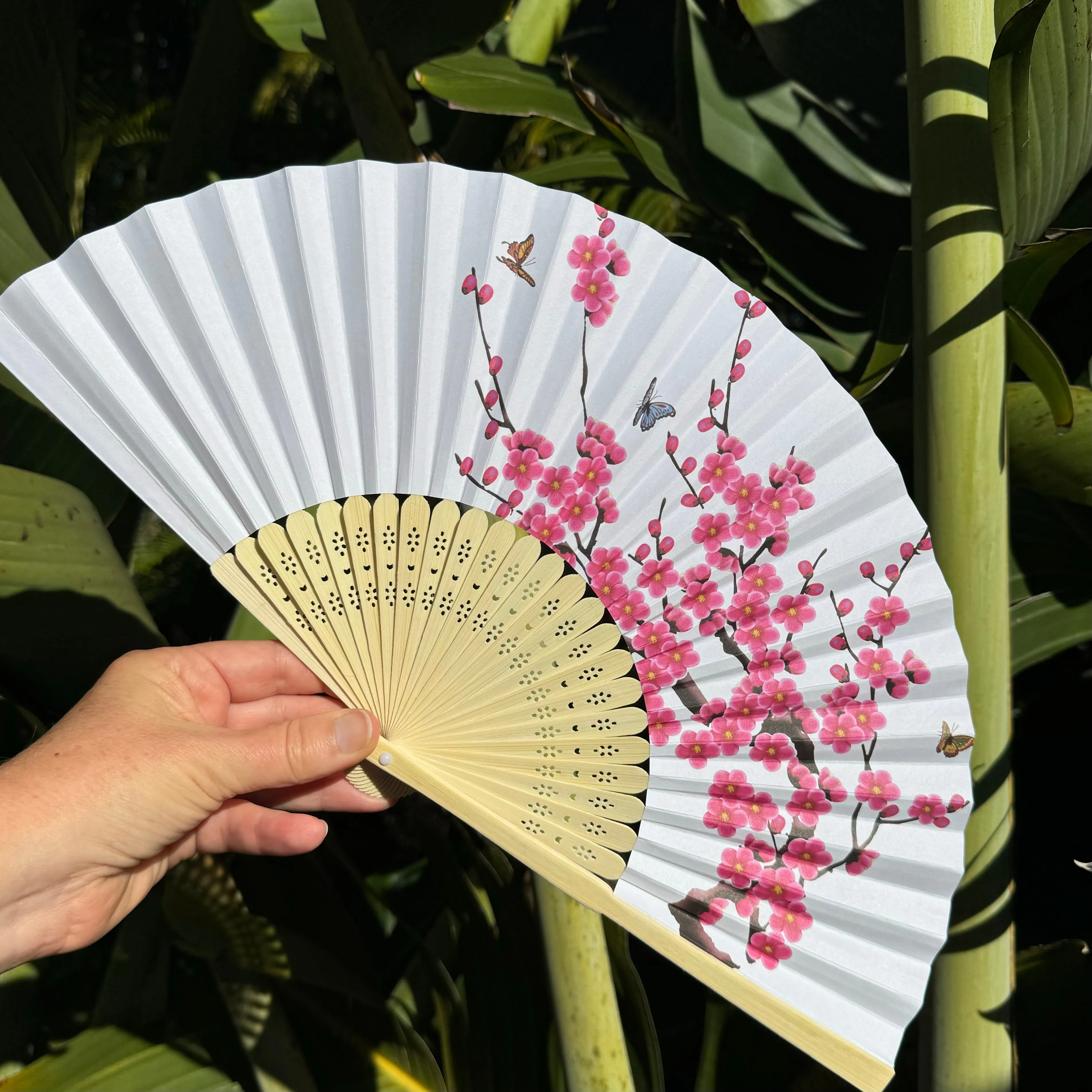 Pink Blossoms and Butterflies white paper fan