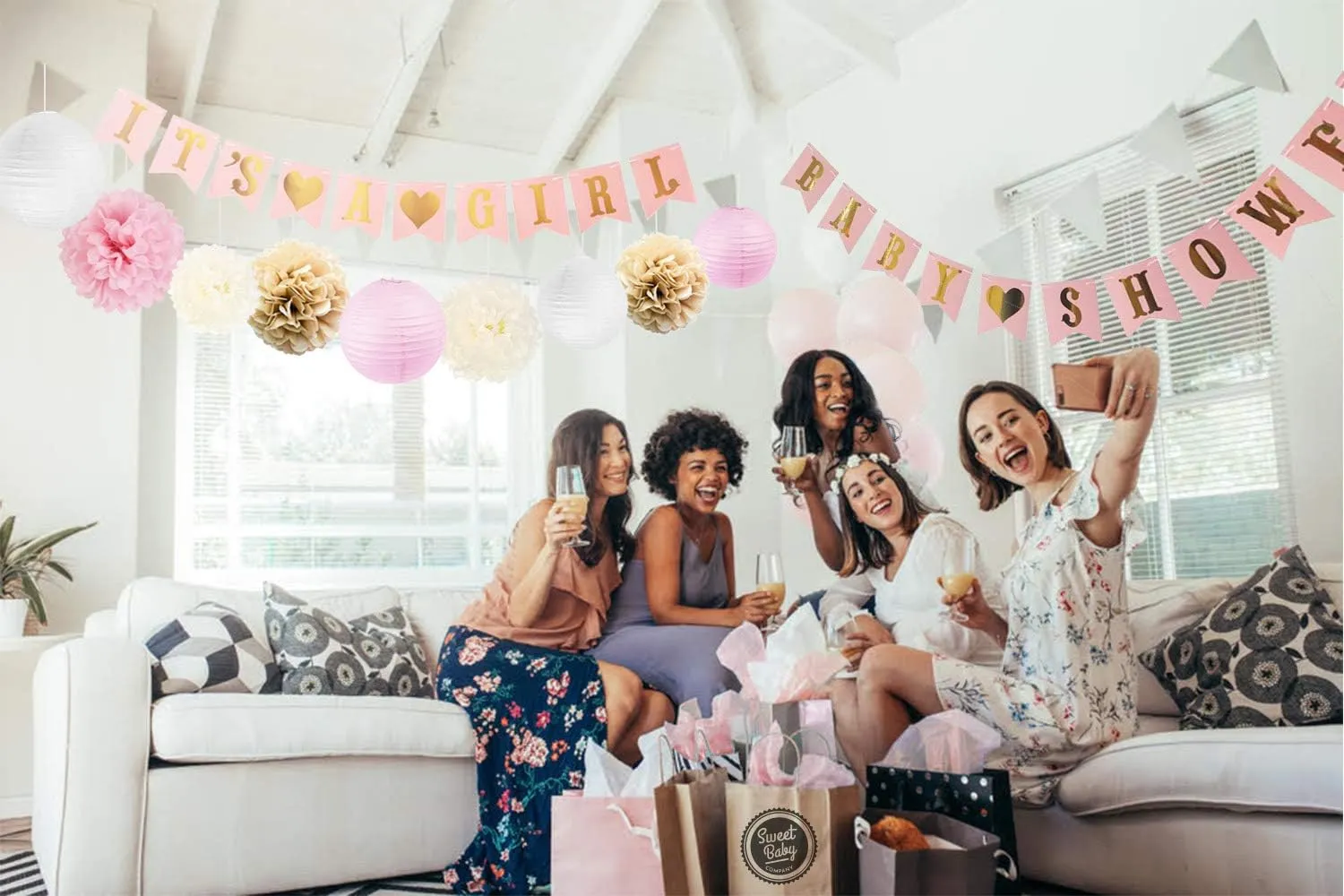 Rose Gold Baby Shower Decorations with a Banner, Lanterns, Foil Balloons, Pom Poms, and Tassels for Girl Baby Showers, Gender Reveals, and Photoshoots