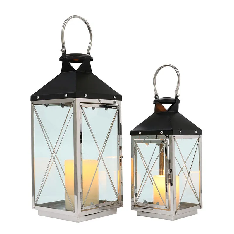 Stainless Steel Decorative Lanterns with Tempered Glass (Set of 2 )