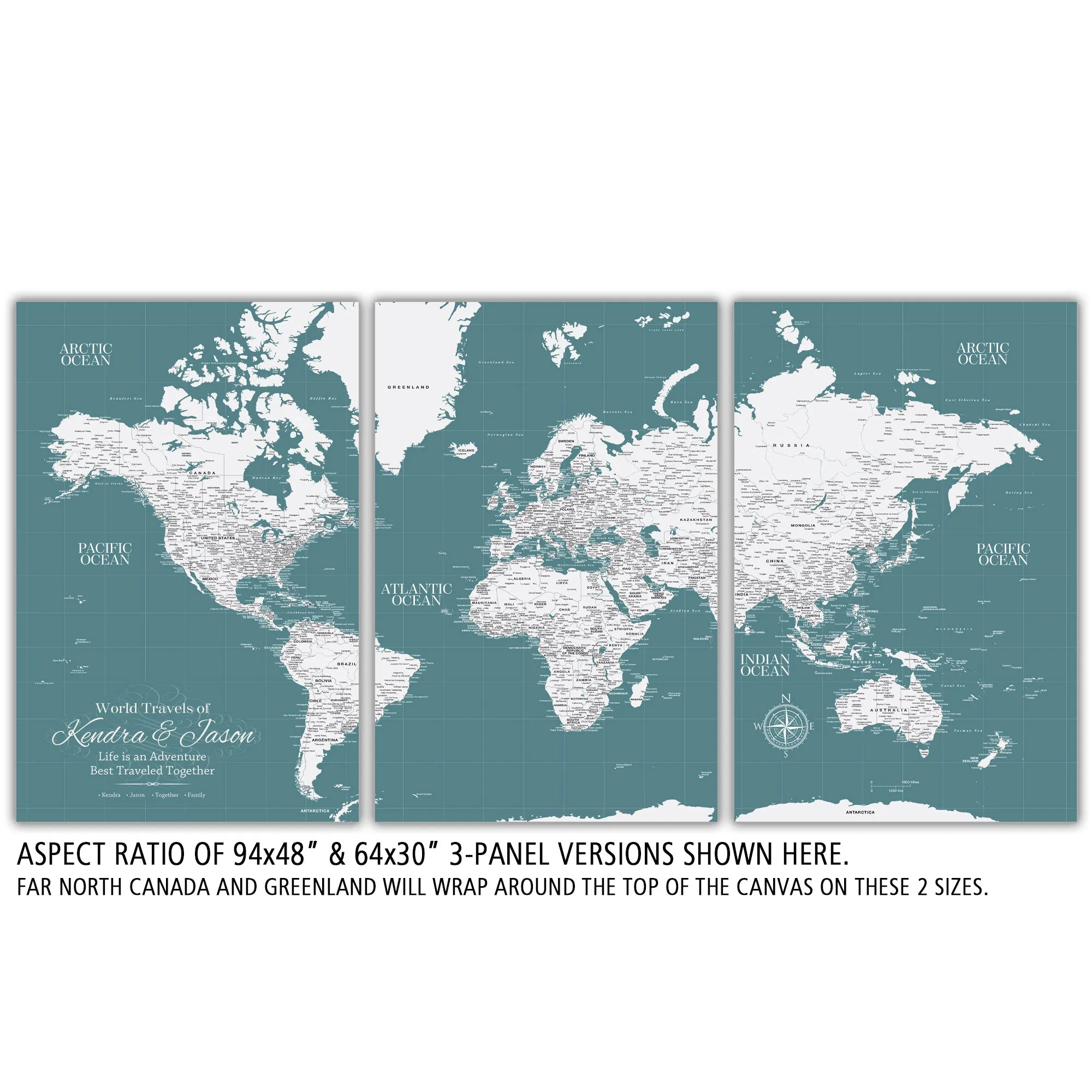 Teal Push Pin Travel Map of the World