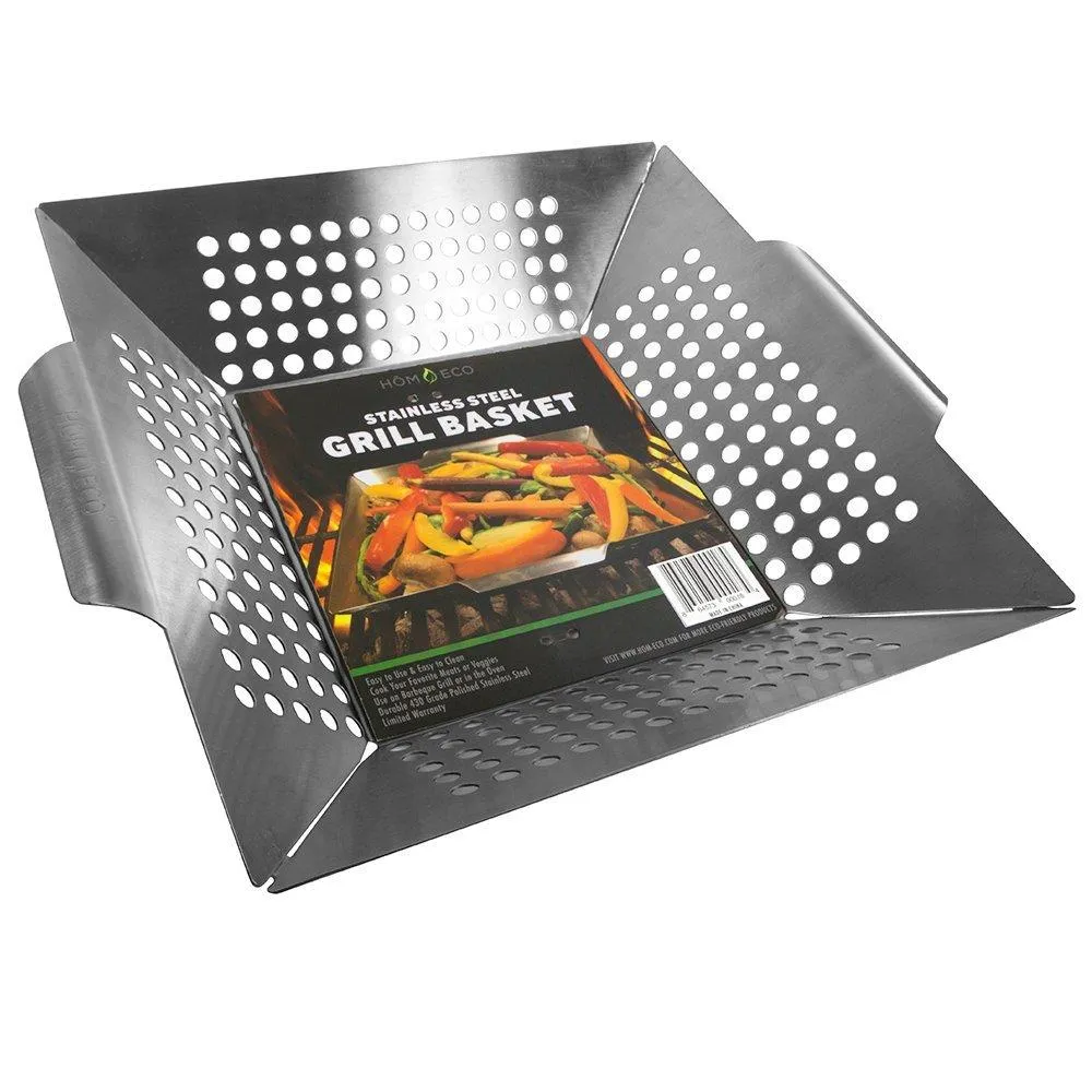 Vegetable Grill Basket By HomEco, Professional Grade 430 Stainless Steel Wok, Meat Grilling Basket, BBQ, Barbecue, Veggie, Fish, Quesadilla, Shrimp, Corn, Kabob- Outdoor Grilling Accessories