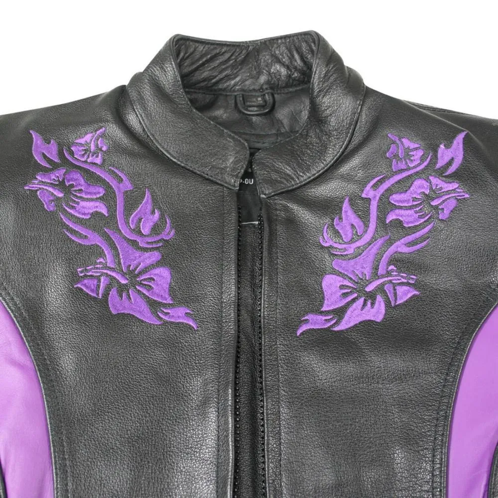 Xelement XS2027 Women's 'Gemma' Biker Black and Purple Leather Embroidered Jacket with X-Armor Protection