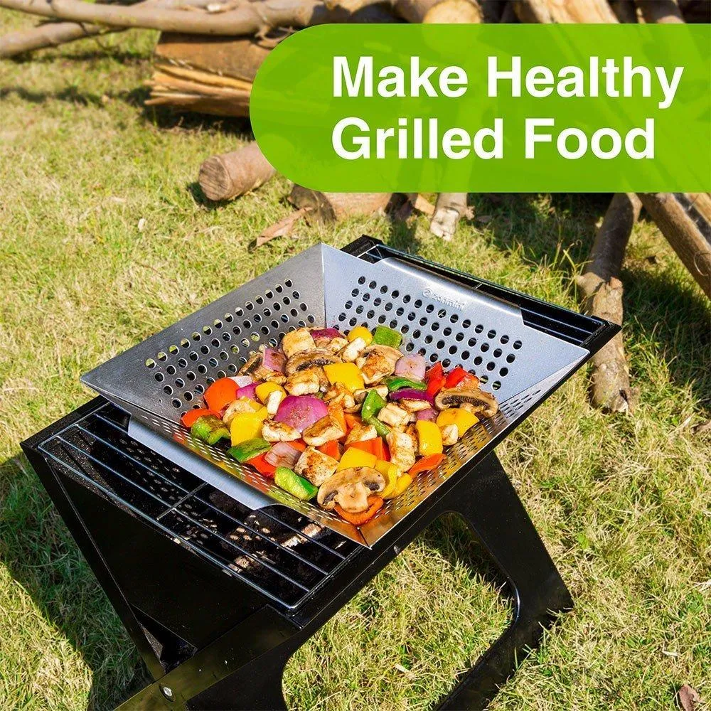 zanmini Grill Wok - BBQ Accessories for Grilling Veggies, Fish, Meat, Kabob, - Use as Wok, Pan, or Smoker Stainless Steel for Camping Cookware -Charcoal or Gas Grills